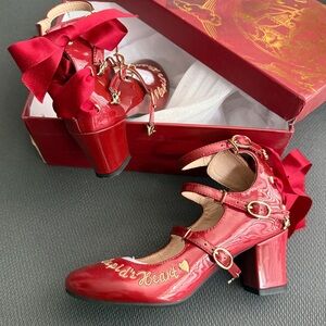 Cupid's Heart Chunky Heel Goth Mary Jane Pumps Red Burgundy Patent Leather Rare